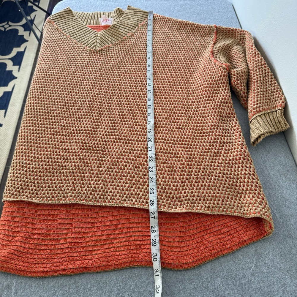 So Me Oversized V-neck Two Toned Textured Sweater Orange Boho Fall Women's Large - Picture 10 of 11